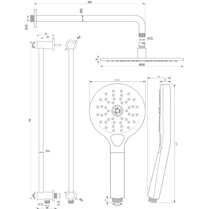 Brauer Carving 5-GG-205 thermostatische inbouw regendouche met drukknoppen SET 70 goud geborsteld PVD