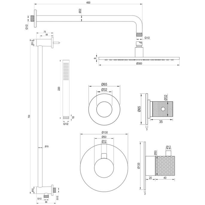 Brauer Carving 5-GK-112 thermostatische inbouw regendouche SET 16 koper geborsteld PVD