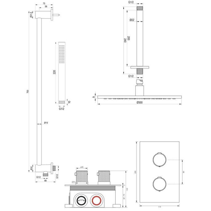 Brauer Carving 5-GK-138 thermostatische inbouw regendouche 3-weg omstelling SET 42 koper geborsteld PVD
