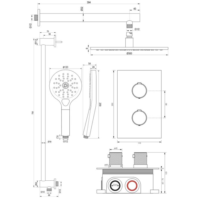 Brauer Carving 5-GK-140 thermostatische inbouw regendouche 3-weg omstelling SET 44 koper geborsteld PVD