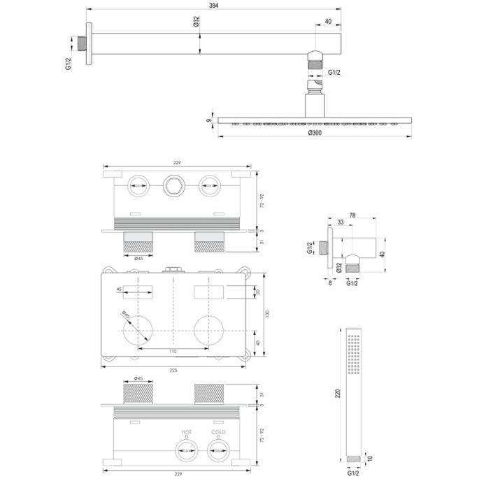Brauer Carving 5-GK-185 thermostatische inbouw regendouche met drukknoppen SET 50 koper geborsteld PVD