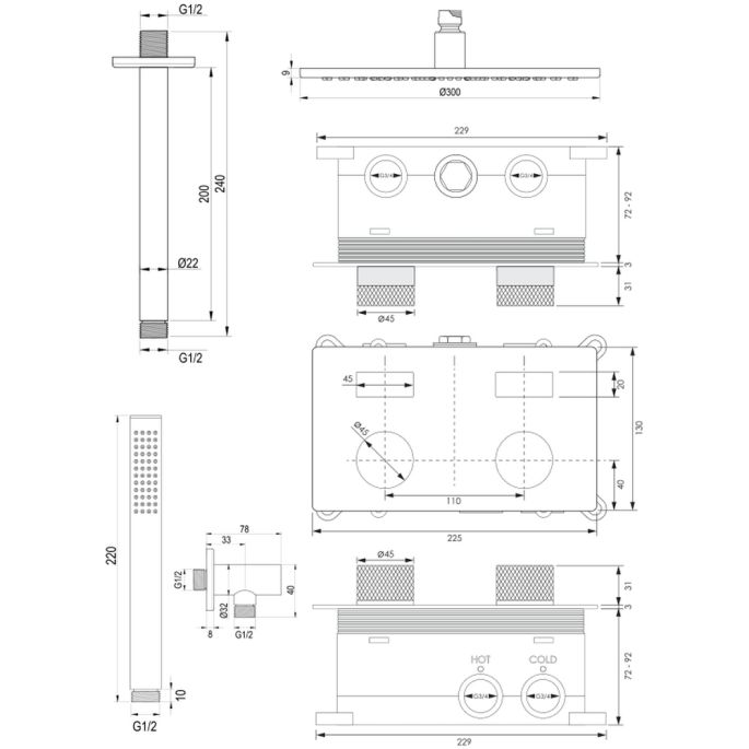Brauer Carving 5-GK-189 thermostatische inbouw regendouche met drukknoppen SET 54 koper geborsteld PVD