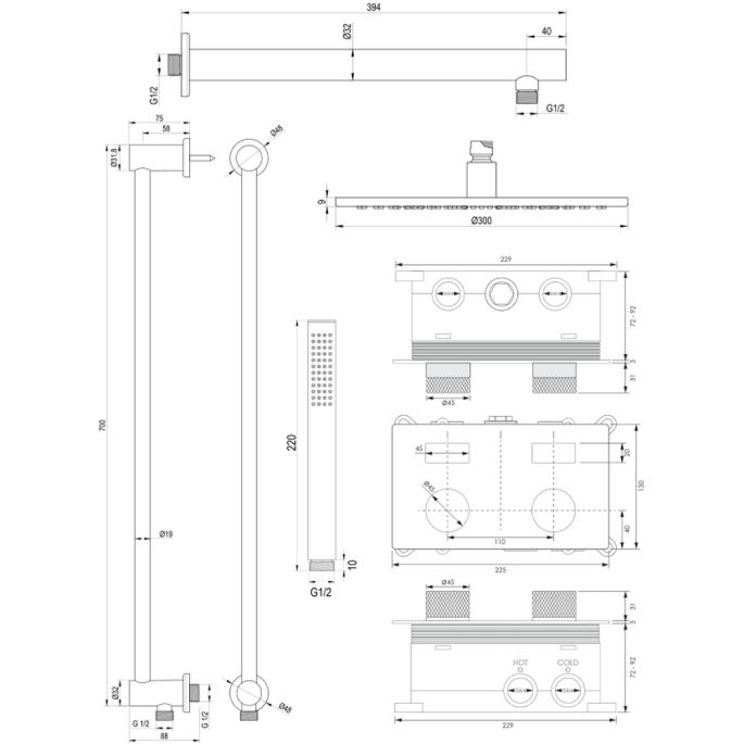 Brauer Carving 5-GK-197 thermostatische inbouw regendouche met drukknoppen SET 62 koper geborsteld PVD