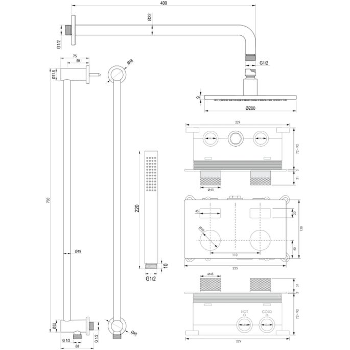 Brauer Carving 5-GK-198 thermostatische inbouw regendouche met drukknoppen SET 63 koper geborsteld PVD