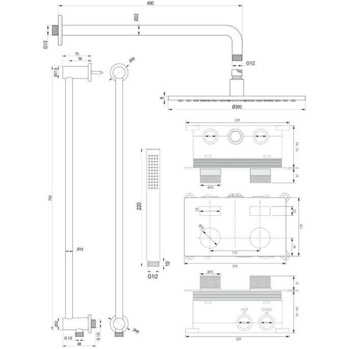 Brauer Carving 5-GK-199 thermostatische inbouw regendouche met drukknoppen SET 64 koper geborsteld PVD