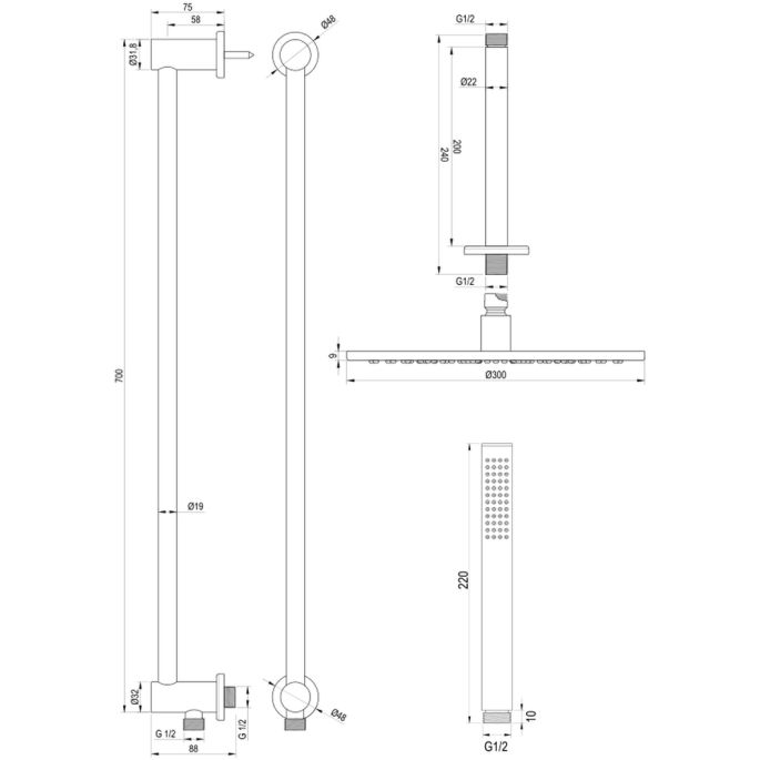 Brauer Carving 5-GK-201 thermostatische inbouw regendouche met drukknoppen SET 66 koper geborsteld PVD