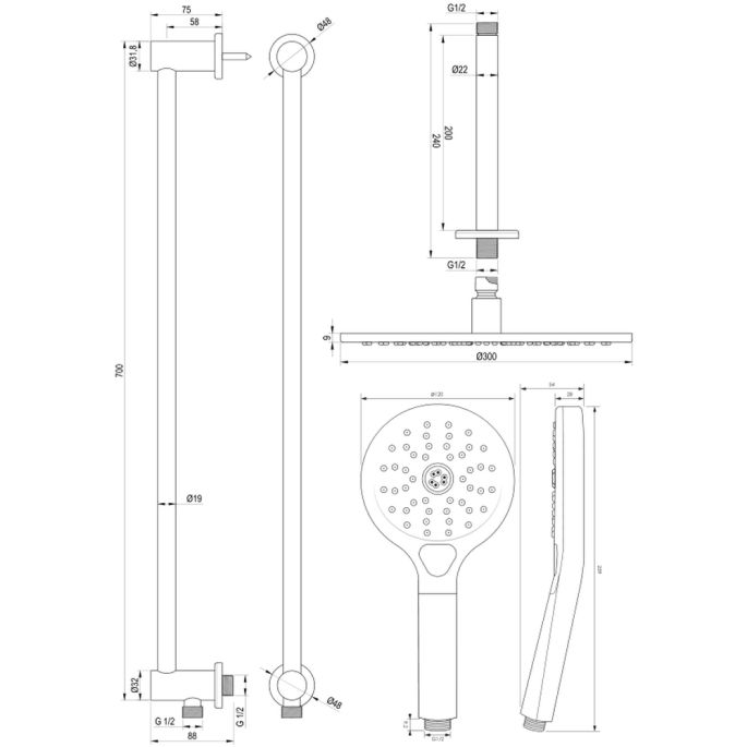 Brauer Carving 5-GK-207 thermostatische inbouw regendouche met drukknoppen SET 72 koper geborsteld PVD