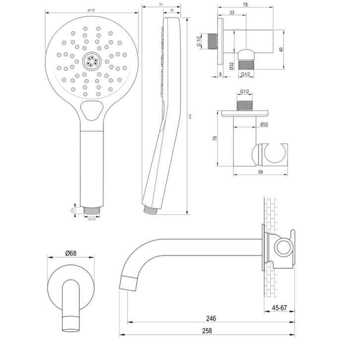 Brauer Carving 5-GK-215 thermostatische inbouw badkraan met drukknoppen SET 04 koper geborsteld PVD