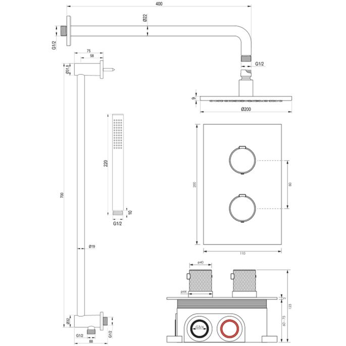 Brauer Carving 5-GM-135 thermostatische inbouw regendouche 3-weg omstelling SET 39 gunmetal geborsteld PVD