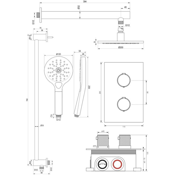Brauer Carving 5-NG-139 thermostatische inbouw regendouche 3-weg omstelling SET 43 RVS geborsteld PVD
