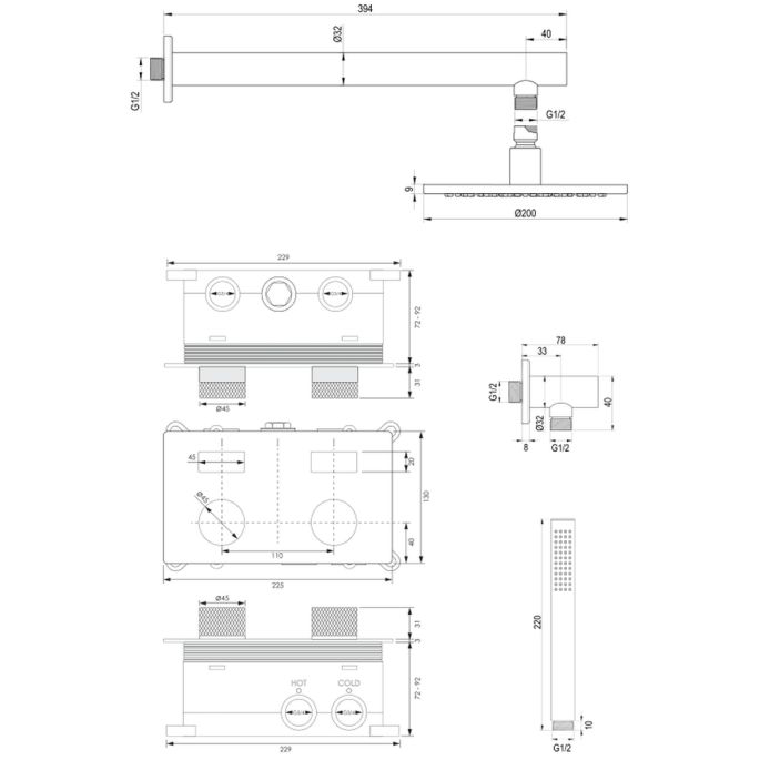 Brauer Carving 5-NG-184 thermostatische inbouw regendouche met drukknoppen SET 49 RVS geborsteld PVD