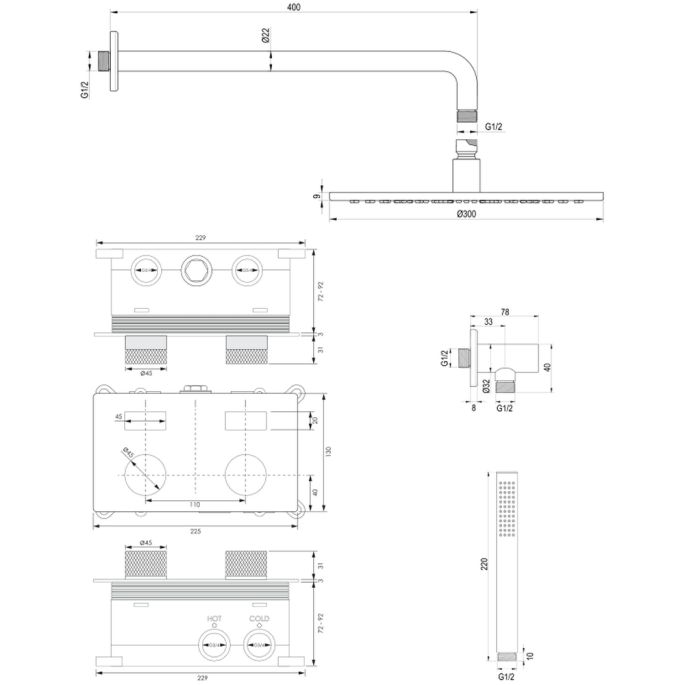 Brauer Carving 5-NG-187 thermostatische inbouw regendouche met drukknoppen SET 52 RVS geborsteld PVD