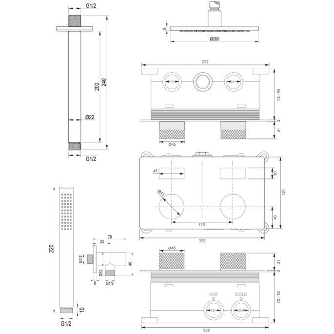 Brauer Carving 5-NG-188 thermostatische inbouw regendouche met drukknoppen SET 53 RVS geborsteld PVD