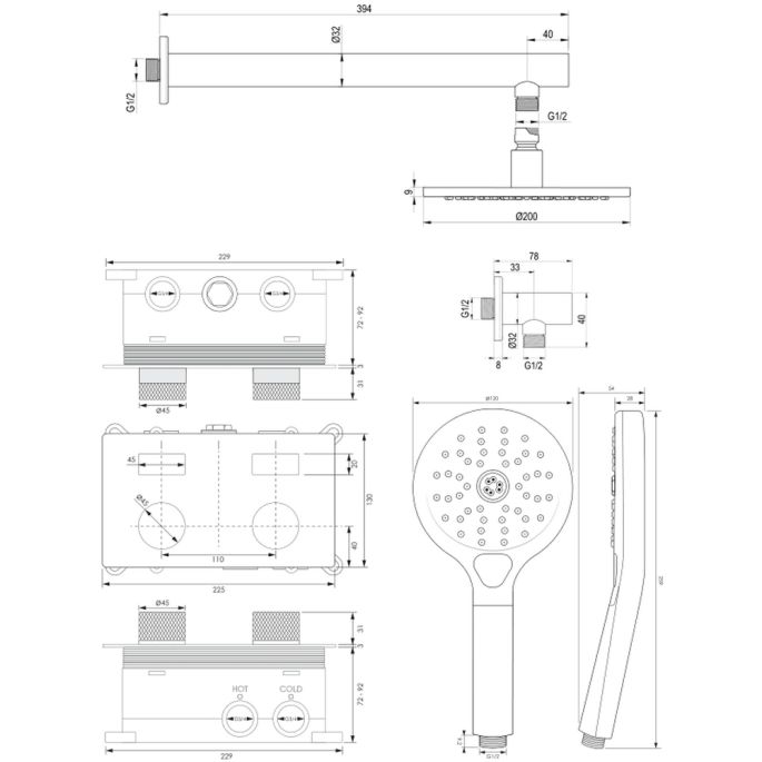 Brauer Carving 5-NG-190 thermostatische inbouw regendouche met drukknoppen SET 55 RVS geborsteld PVD