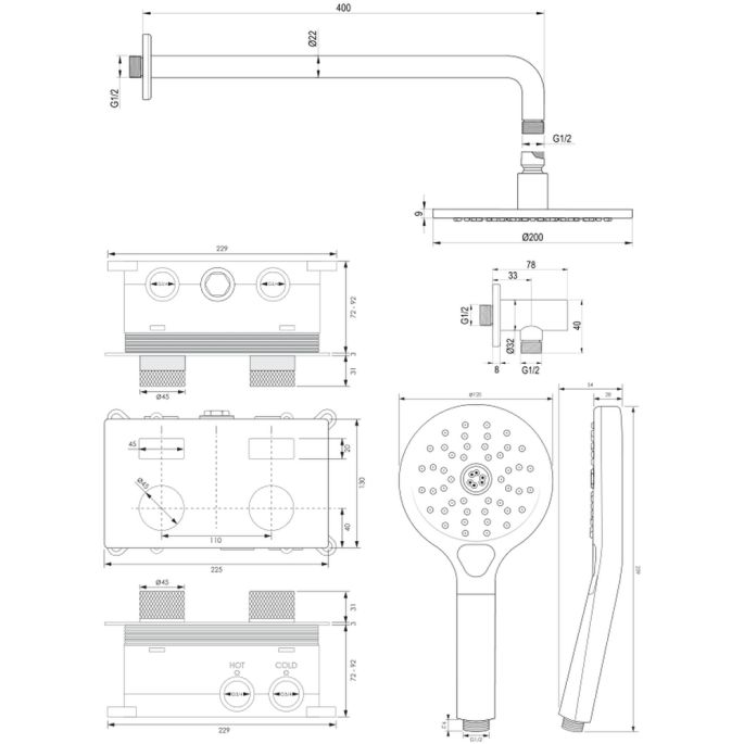 Brauer Carving 5-NG-192 thermostatische inbouw regendouche met drukknoppen SET 57 RVS geborsteld PVD