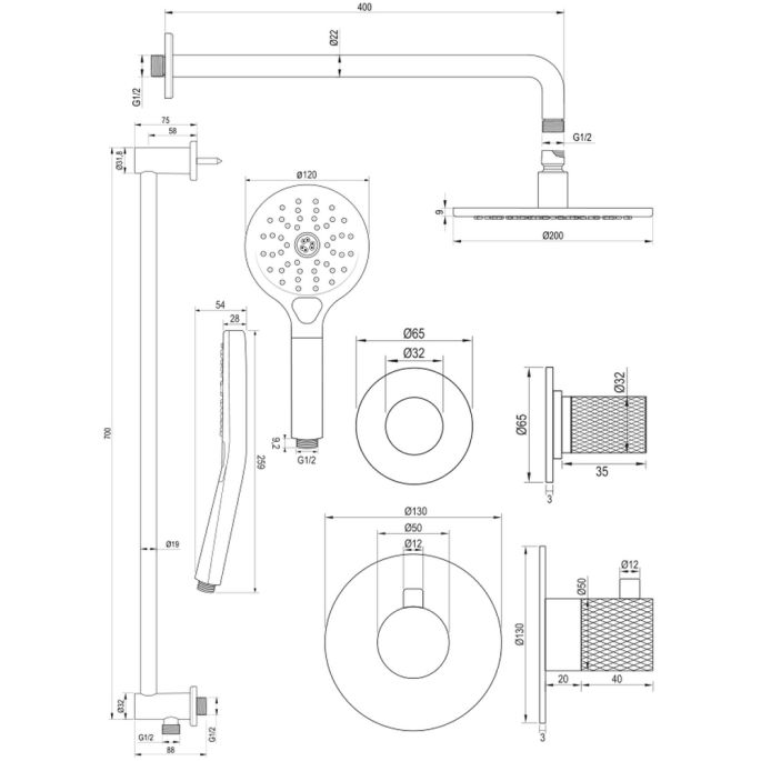Brauer Carving 5-S-117 thermostatische inbouw regendouche SET 21 mat zwart