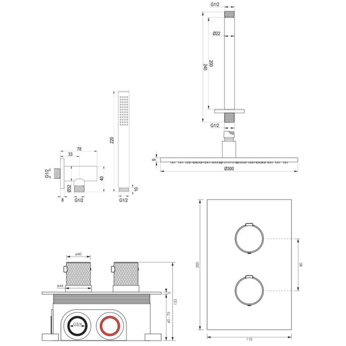 Brauer Carving 5-S-126 thermostatische inbouw regendouche 3-weg omstelling SET 30 mat zwart