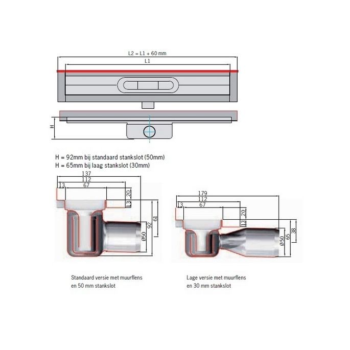 ACO ShowerDrain C 408759 douchegoot met muurflens 88,5cm zijuitloop