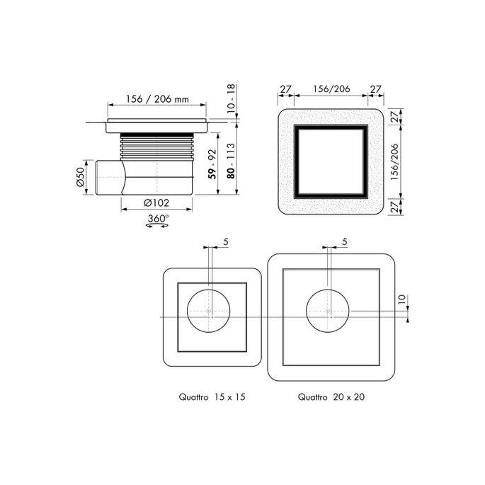 Easy Drain Aqua Plus Quattro Tegel AQUA+15X15MSIT doucheput 15x15cm zijuitloop