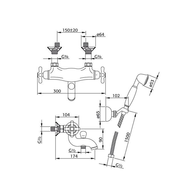 Pure Melrose ME5832 bad thermostaatkraan met handdoucheset chroom