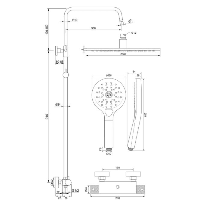 Brauer Carving 5-GK-087-4 opbouw thermostatische regendouche SET 04 koper geborsteld PVD