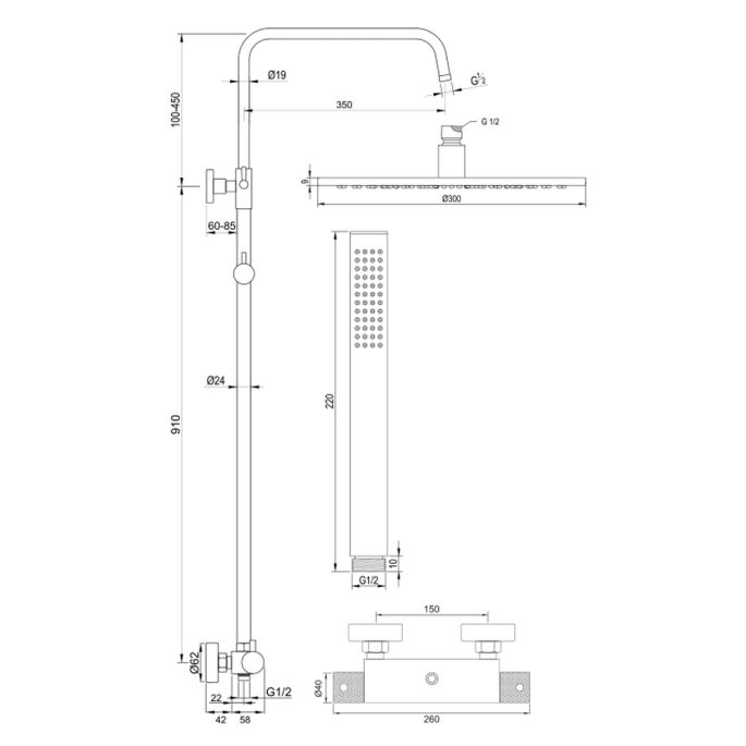 Brauer Carving 5-GM-087-3 opbouw thermostatische regendouche SET 03 gunmetal geborsteld PVD