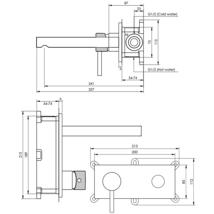 Brauer Carving 5-S-083-S6 inbouw wastafelmengkraan met rechte uitloop en afdekplaat model A2 mat zwart