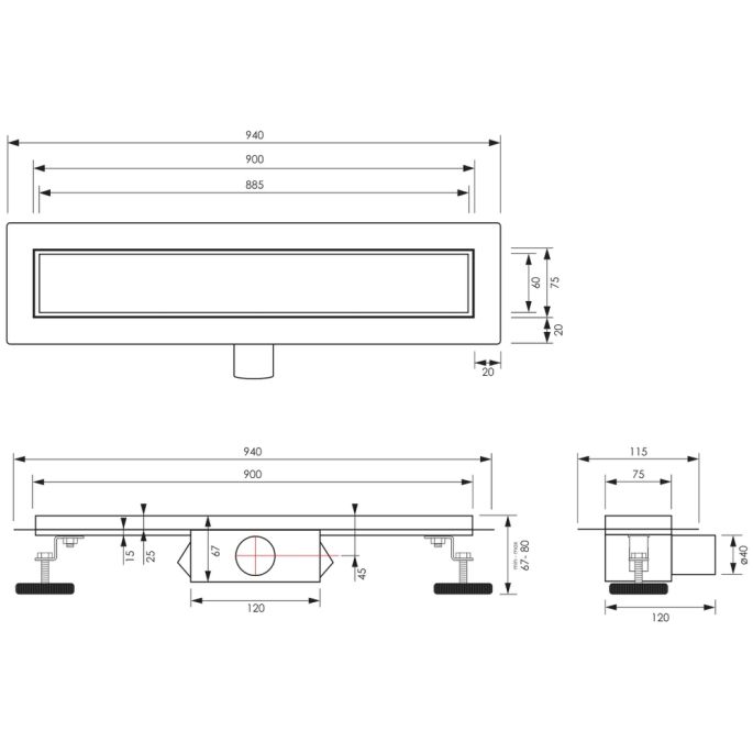 Brauer DR-MRF90GK douchegoot met multifunctioneel rooster en flens 7 x 90cm koper geborsteld PVD