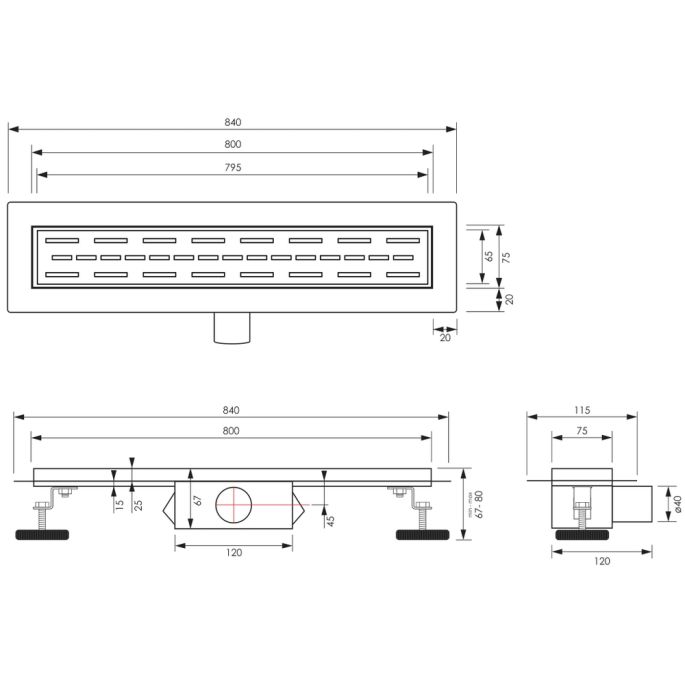 Brauer DR-SRF80NG douchegoot met standaard rooster en flens 7 x 80cm RVS geborsteld
