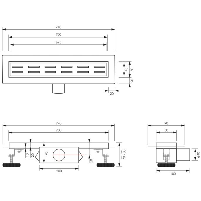 Brauer DR-SSRF70NG douchegoot Small met standaard rooster en flens 5 x 70cm RVS geborsteld