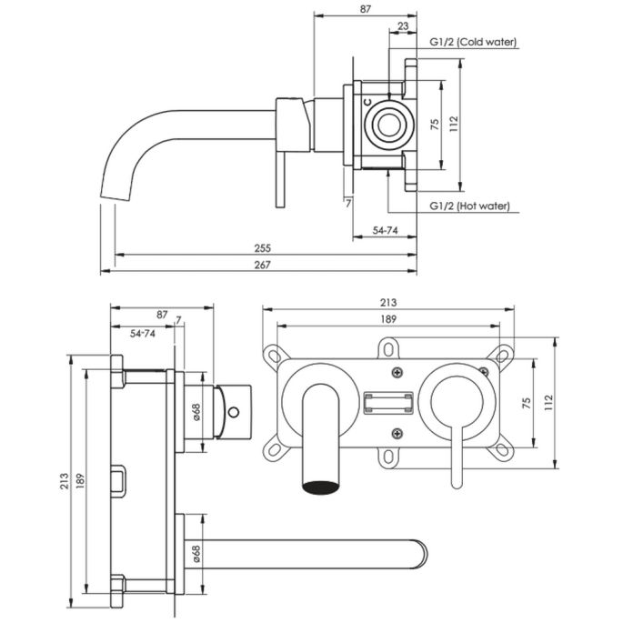 Brauer Edition 5-GK-004-B4-65 inbouw wastafelmengkraan met gebogen uitloop en rozetten model D1 koper geborsteld PVD