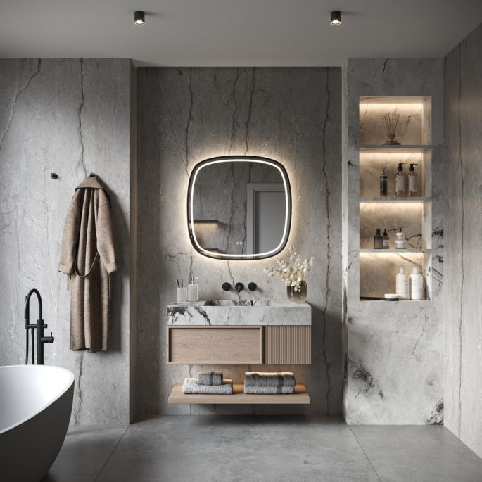 Phantom Mirrors Serie 008 008.100.100 Deens ovale LED spiegel op zwart frame, 100 cm met directe en indirecte led rondom