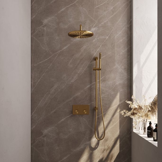 Brauer Carving 5-GG-199 thermostatische inbouw regendouche met drukknoppen SET 64 goud geborsteld PVD