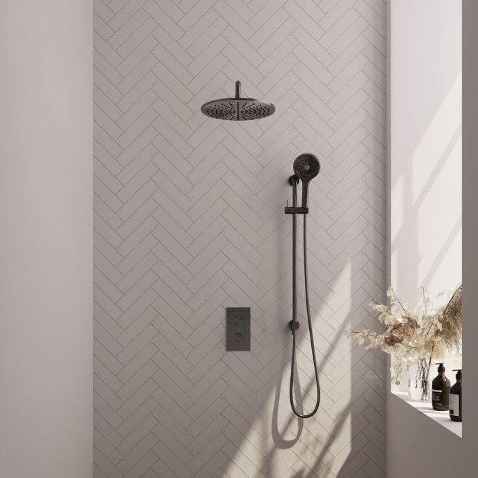 Brauer Carving 5-GM-142 thermostatische inbouw regendouche 3-weg omstelling SET 46 gunmetal geborsteld PVD