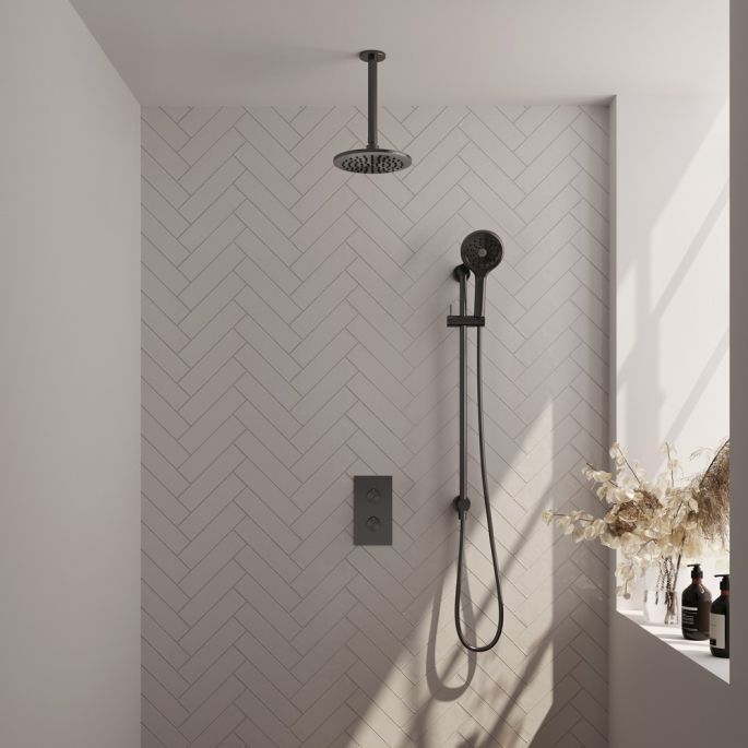 Brauer Carving 5-GM-143 thermostatische inbouw regendouche 3-weg omstelling SET 47 gunmetal geborsteld PVD