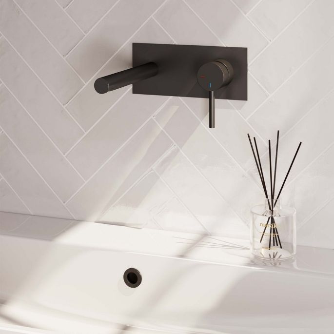 Brauer Carving 5-S-004-S6 inbouw wastafelmengkraan met rechte uitloop en afdekplaat model A1 mat zwart