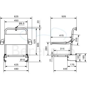 Handicare (Linido) LI2203001402 douchezitting (met verkorte zitdiepte) met rugleuning en armleggers RVS gecoat wit