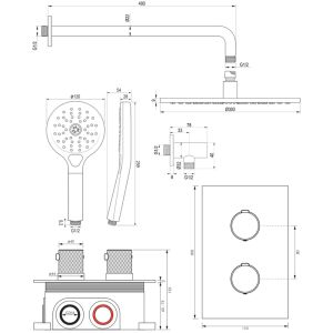 Brauer Carving 5-GK-130 thermostatische inbouw regendouche 3-weg omstelling SET 34 koper geborsteld PVD