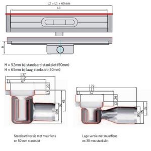 ACO ShowerDrain C 408764 douchegoot met muurflens 68,5cm zijuitloop