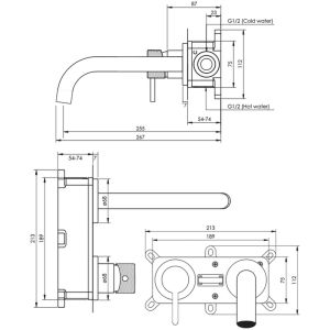 Brauer Carving 5-GG-083-B6-65 inbouw wastafelmengkraan met gebogen uitloop en rozetten model A2 goud geborsteld PVD
