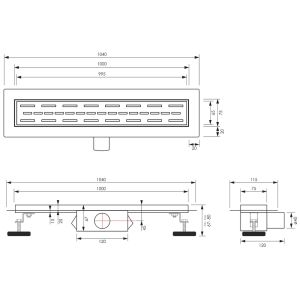 Brauer DR-SRF100S douchegoot met standaard rooster en flens 7 x 100cm mat zwart