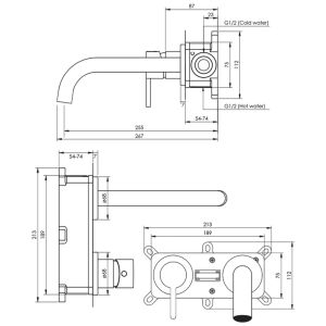 Brauer Edition 5-GM-083-B5-65 inbouw wastafelmengkraan met gebogen uitloop en rozetten model B2 gunmetal geborsteld PVD