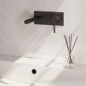 Brauer Carving 5-S-004-S6 inbouw wastafelmengkraan met rechte uitloop en afdekplaat model A1 mat zwart